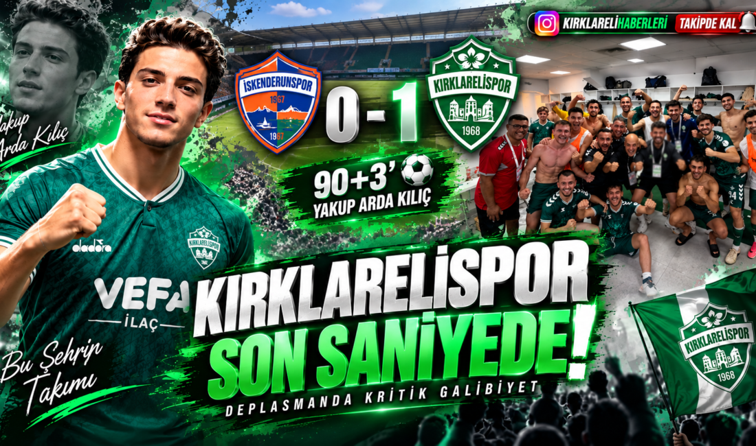 KIRKLARELİSPOR SON SANİYEDE VURDU: 3 PUAN BİZİM! Kırklarelispor, sezonun ilk deplasman maçında İskenderunspor’u 1-0 mağlup ederek lige