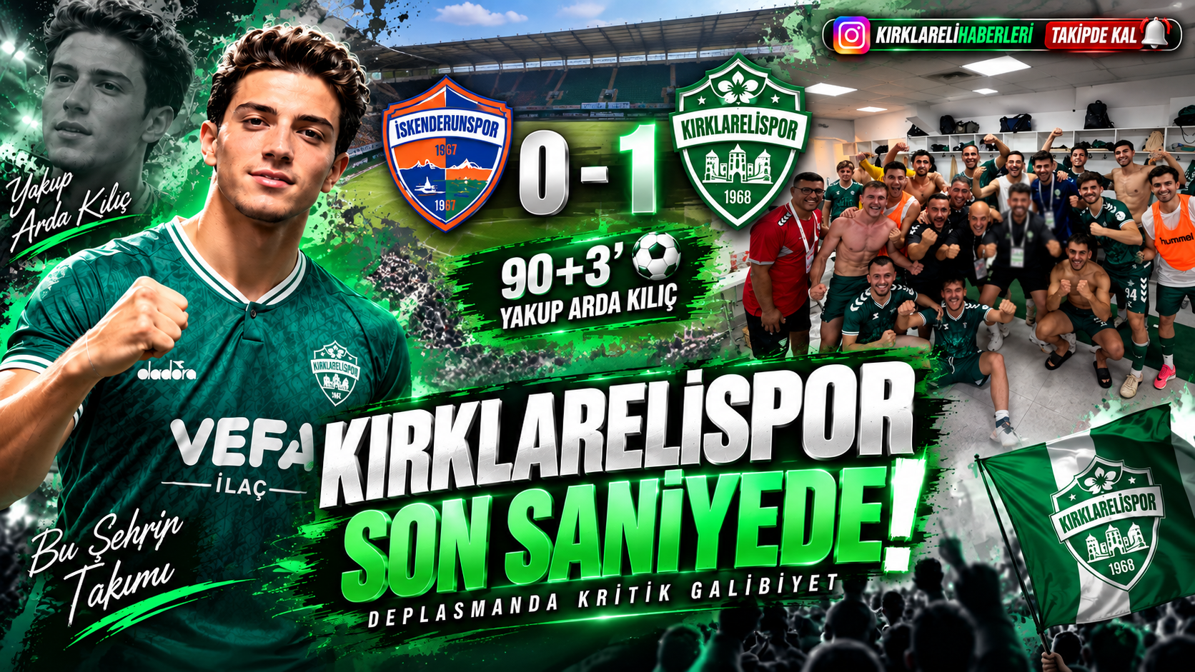 KIRKLARELİSPOR SON SANİYEDE VURDU: 3 PUAN BİZİM! Kırklarelispor, sezonun ilk deplasman maçında İskenderunspor’u 1-0 mağlup ederek lige