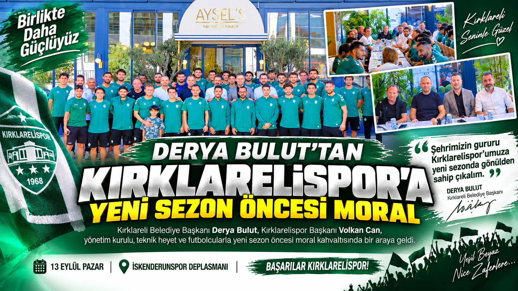 KIRKLARELİSPOR’A MORAL DERYA BULUT’TAN KIRKLARELİSPOR’A YENİ SEZON ÖNCESİ MORAL Kırklareli Belediye Başkanı