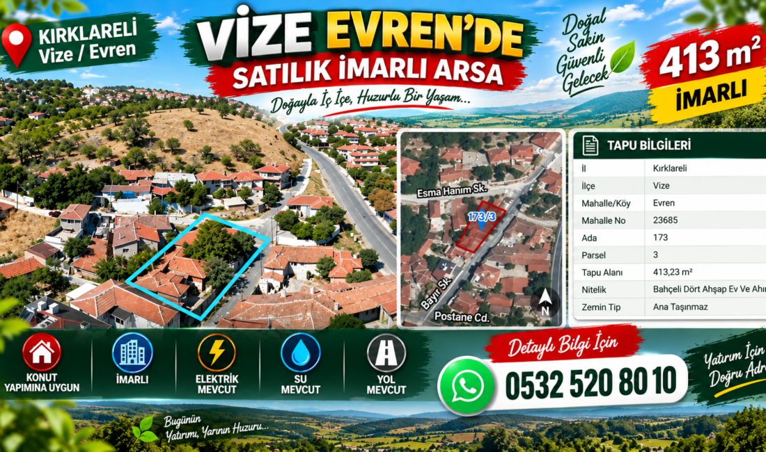 Satılık İmarlı Arsa VİZE EVREN’DE YATIRIM FIRSATI: 413 M² İMARLI ARSA SATIŞTA Kırklareli’nin